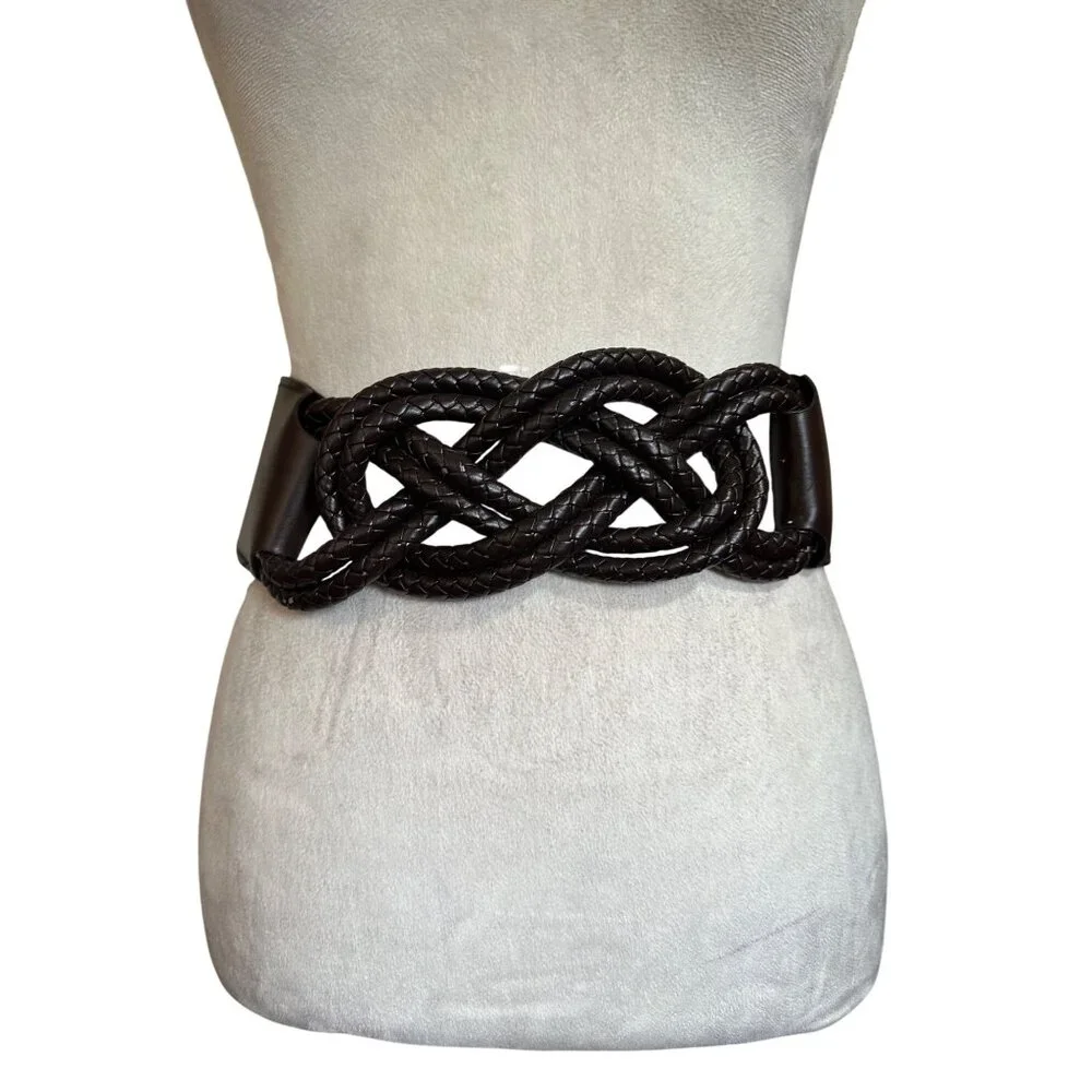 Y2k Braided Brown Waist Belt With Faux Leather Design & Snap Closure M/L Size
